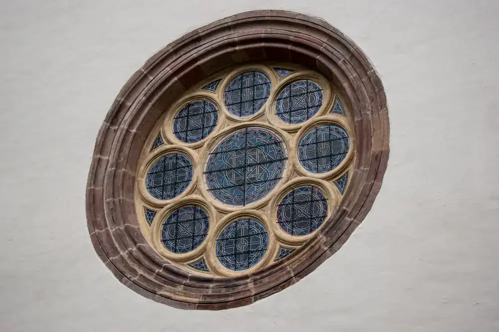 Detail of a historically restored church window panel